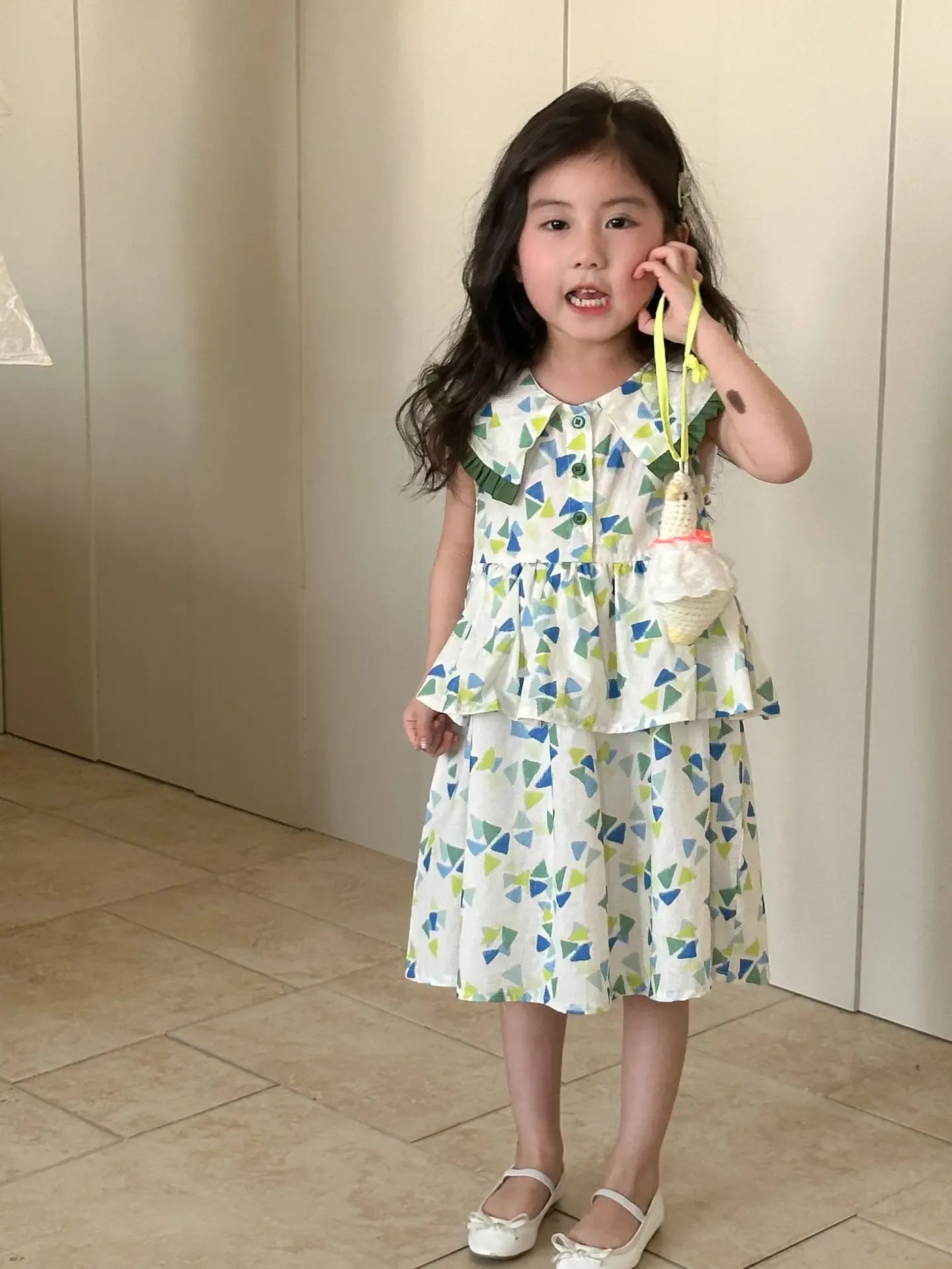 半袖セットアップ キッズワンピース/セットアップ 2点セット 幾何学プリントビッグフリル襟ペプラムノースリーブワンピース/半袖シャツ+ショートパンツ リンクコーデ 兄弟姉妹 お揃いコーデ【mh0008872】