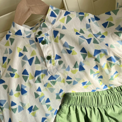 半袖セットアップ キッズワンピース/セットアップ 2点セット 幾何学プリントビッグフリル襟ペプラムノースリーブワンピース/半袖シャツ+ショートパンツ リンクコーデ 兄弟姉妹 お揃いコーデ【mh0008872】