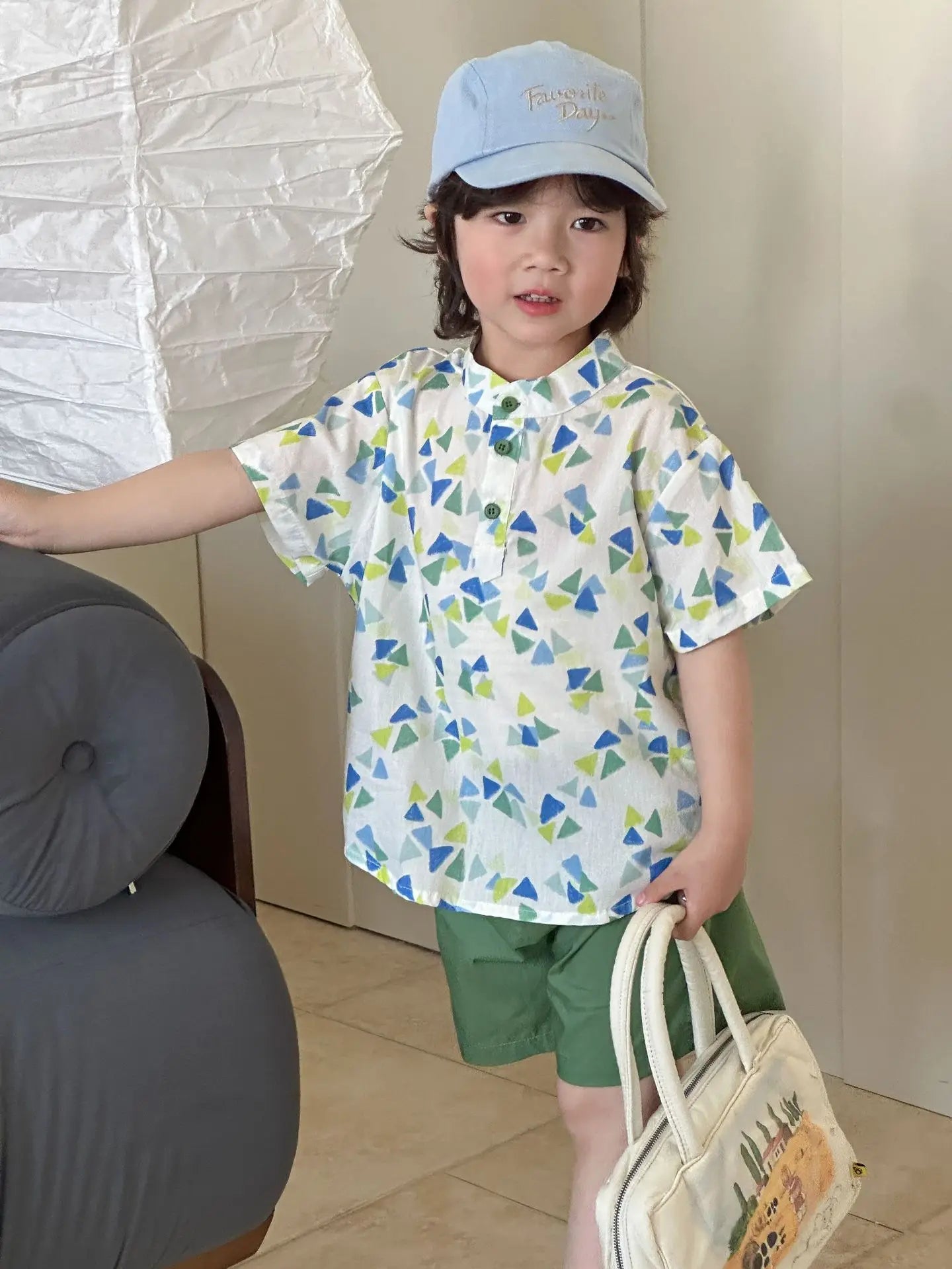 半袖セットアップ キッズワンピース/セットアップ 2点セット 幾何学プリントビッグフリル襟ペプラムノースリーブワンピース/半袖シャツ+ショートパンツ リンクコーデ 兄弟姉妹 お揃いコーデ【mh0008872】