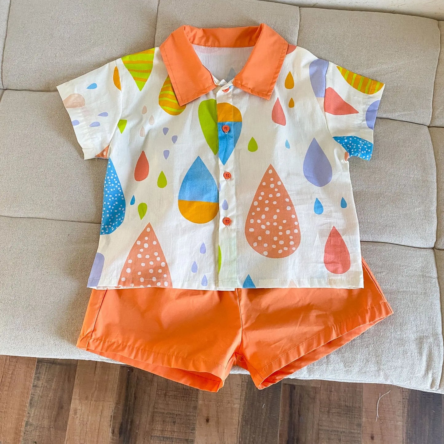 半袖セットアップ キッズワンピース/セットアップ 2点セット カラフルバルーンプリントフラワー襟ノースリーブワンピース/半袖シャツ+ショートパンツ リンクコーデ 兄弟姉妹 お揃いコーデ【mh0008873】