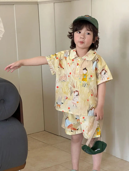 長袖セットアップ キッズワンピース/セットアップ 2点セット プリント柄半袖ワンピース/半袖シャツ+ショートパンツ リンクコーデ 兄弟姉妹 お揃いコーデ【mh0008874】