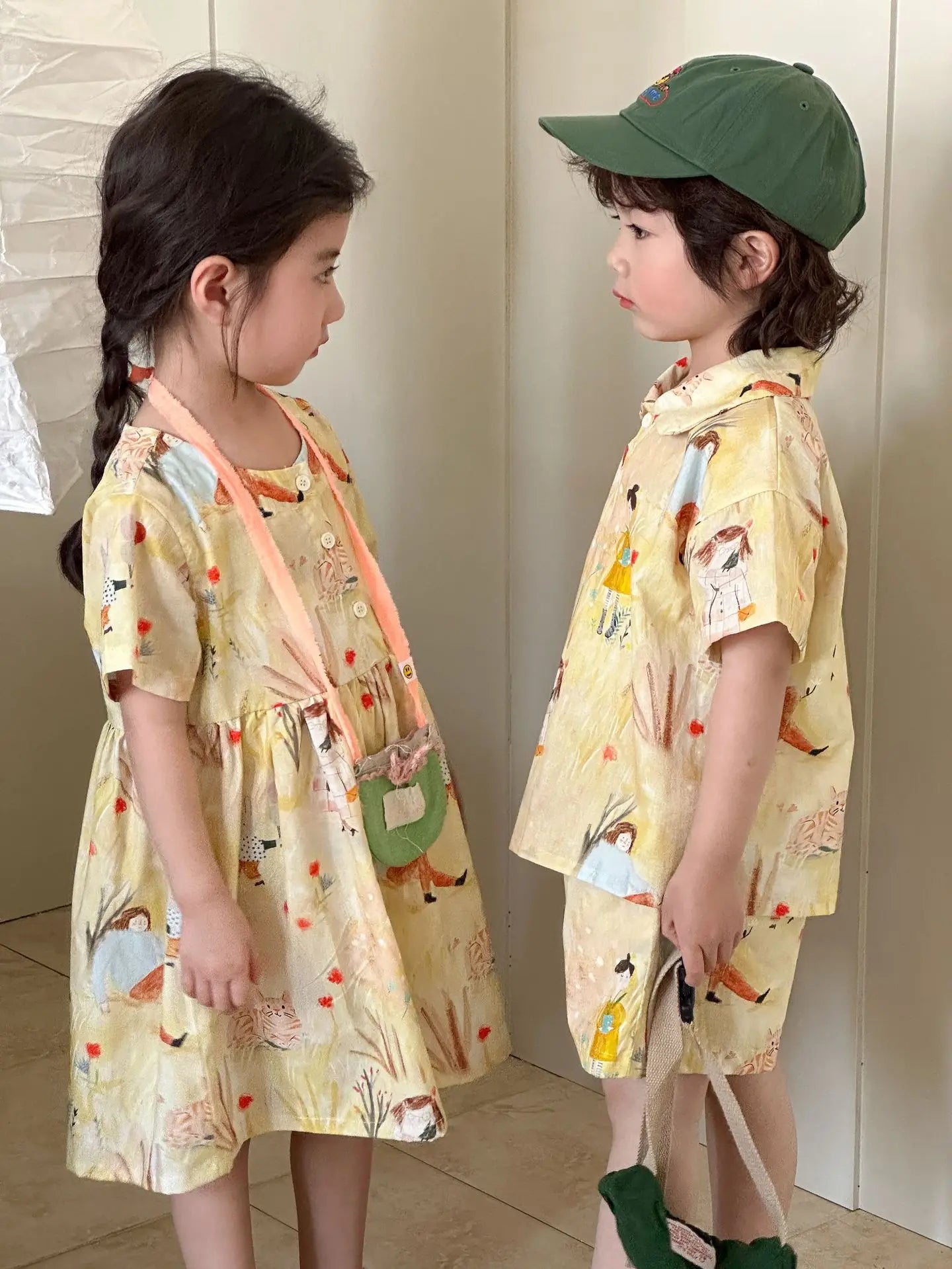 長袖セットアップ キッズワンピース/セットアップ 2点セット プリント柄半袖ワンピース/半袖シャツ+ショートパンツ リンクコーデ 兄弟姉妹 お揃いコーデ【mh0008874】