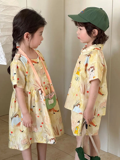長袖セットアップ キッズワンピース/セットアップ 2点セット プリント柄半袖ワンピース/半袖シャツ+ショートパンツ リンクコーデ 兄弟姉妹 お揃いコーデ【mh0008874】