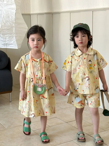 長袖セットアップ キッズワンピース/セットアップ 2点セット プリント柄半袖ワンピース/半袖シャツ+ショートパンツ リンクコーデ 兄弟姉妹 お揃いコーデ【mh0008874】
