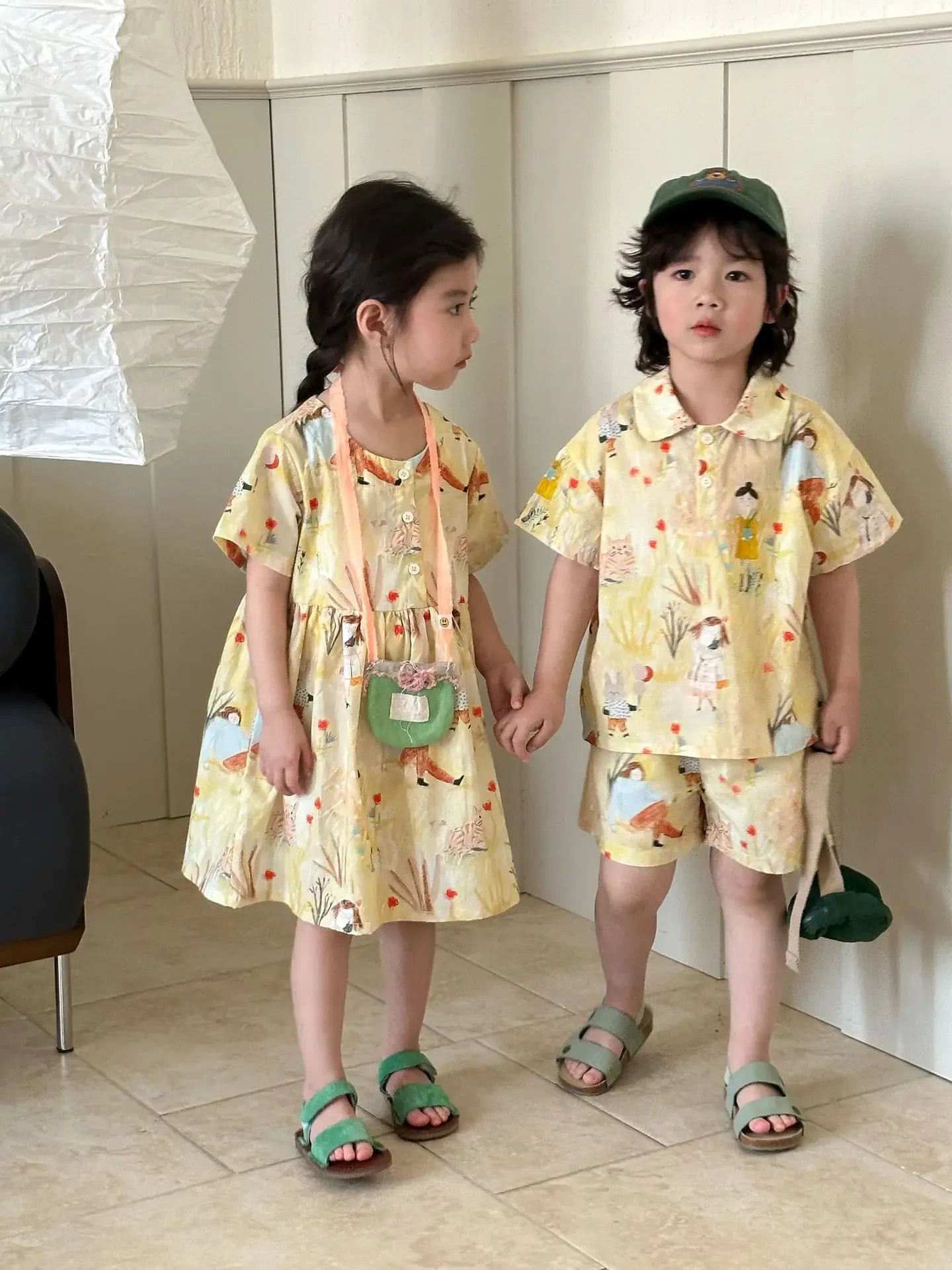 長袖セットアップ キッズワンピース/セットアップ 2点セット プリント柄半袖ワンピース/半袖シャツ+ショートパンツ リンクコーデ 兄弟姉妹 お揃いコーデ【mh0008874】