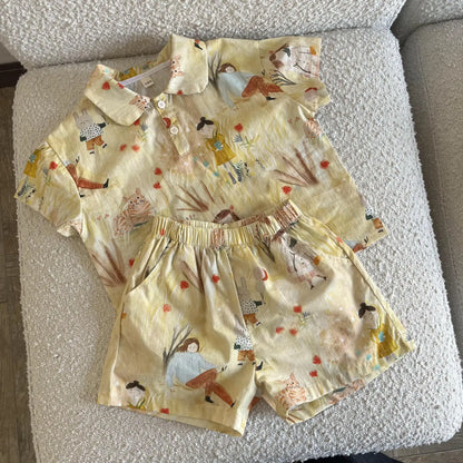 長袖セットアップ キッズワンピース/セットアップ 2点セット プリント柄半袖ワンピース/半袖シャツ+ショートパンツ リンクコーデ 兄弟姉妹 お揃いコーデ【mh0008874】