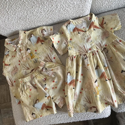 長袖セットアップ キッズワンピース/セットアップ 2点セット プリント柄半袖ワンピース/半袖シャツ+ショートパンツ リンクコーデ 兄弟姉妹 お揃いコーデ【mh0008874】