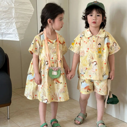長袖セットアップ キッズワンピース/セットアップ 2点セット プリント柄半袖ワンピース/半袖シャツ+ショートパンツ リンクコーデ 兄弟姉妹 お揃いコーデ【mh0008874】