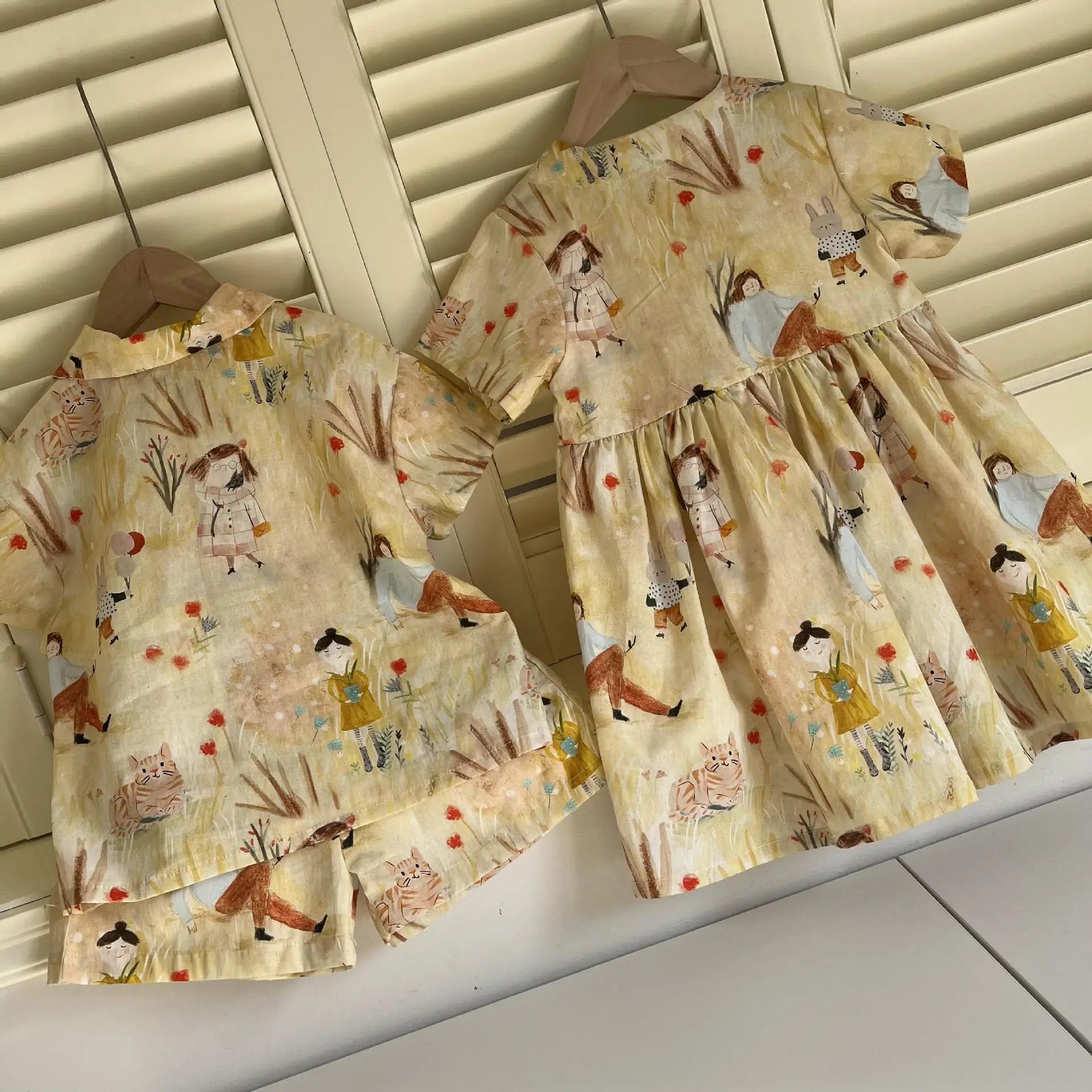 長袖セットアップ キッズワンピース/セットアップ 2点セット プリント柄半袖ワンピース/半袖シャツ+ショートパンツ リンクコーデ 兄弟姉妹 お揃いコーデ【mh0008874】