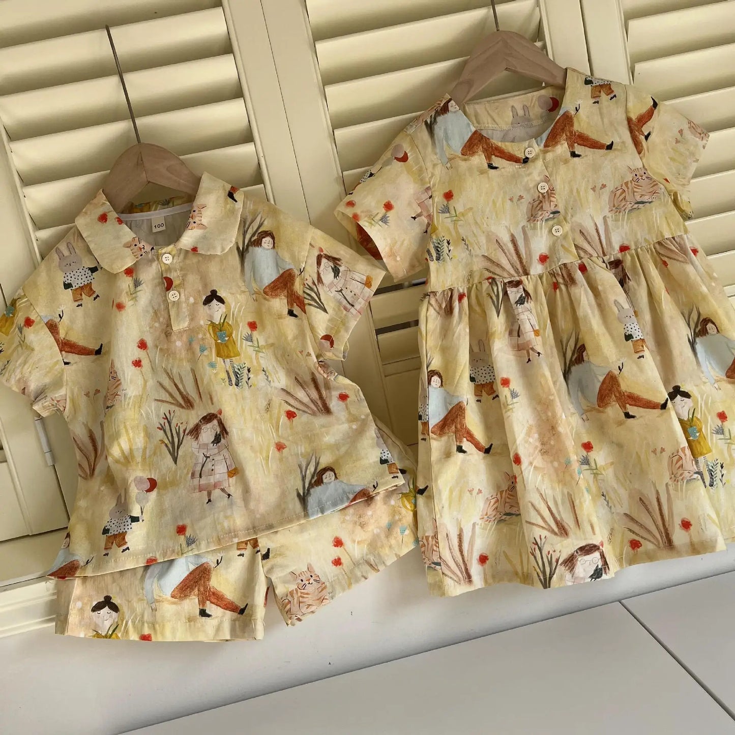 長袖セットアップ キッズワンピース/セットアップ 2点セット プリント柄半袖ワンピース/半袖シャツ+ショートパンツ リンクコーデ 兄弟姉妹 お揃いコーデ【mh0008874】