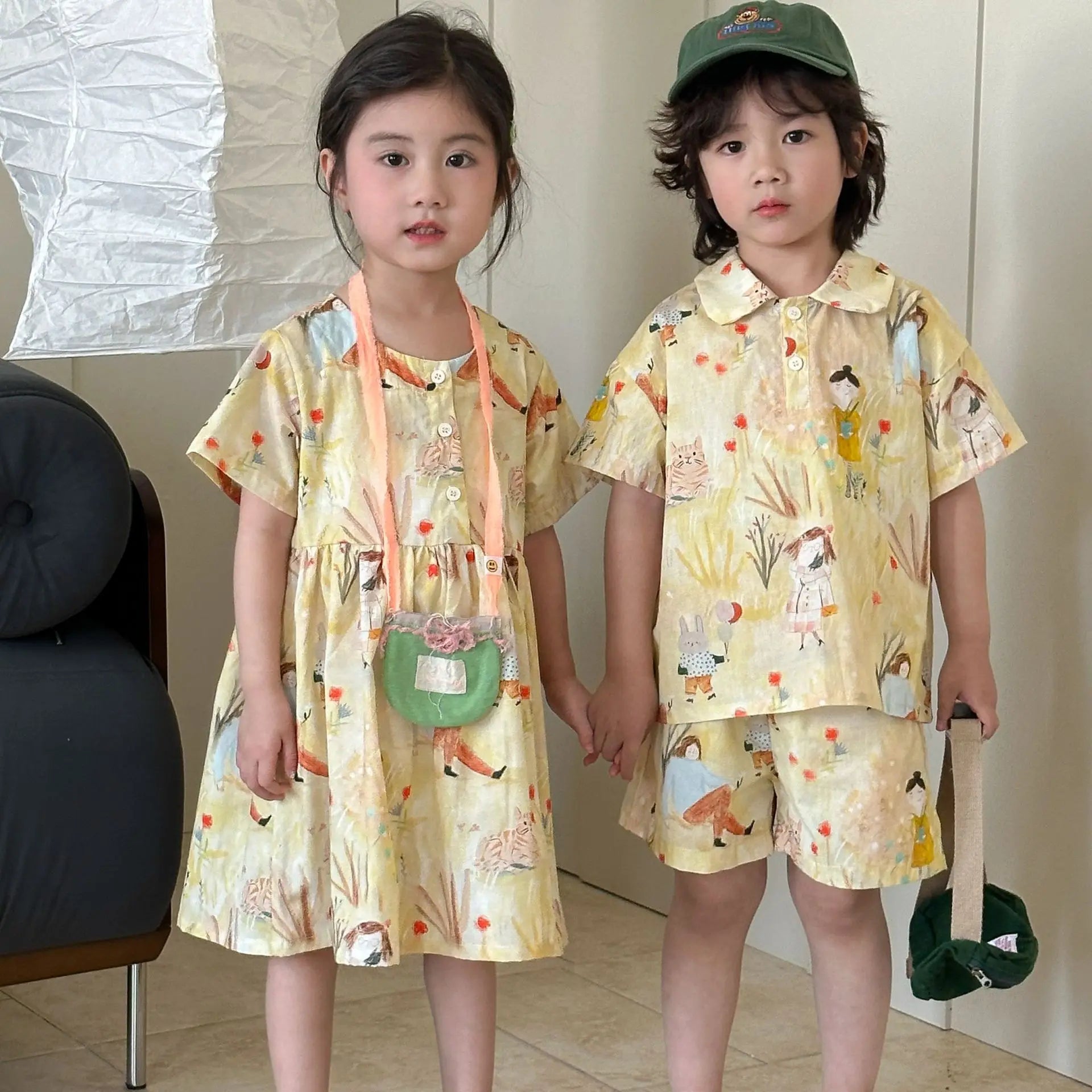 長袖セットアップ キッズワンピース/セットアップ 2点セット プリント柄半袖ワンピース/半袖シャツ+ショートパンツ リンクコーデ 兄弟姉妹 お揃いコーデ【mh0008874】