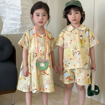 長袖セットアップ キッズワンピース/セットアップ 2点セット プリント柄半袖ワンピース/半袖シャツ+ショートパンツ リンクコーデ 兄弟姉妹 お揃いコーデ【mh0008874】