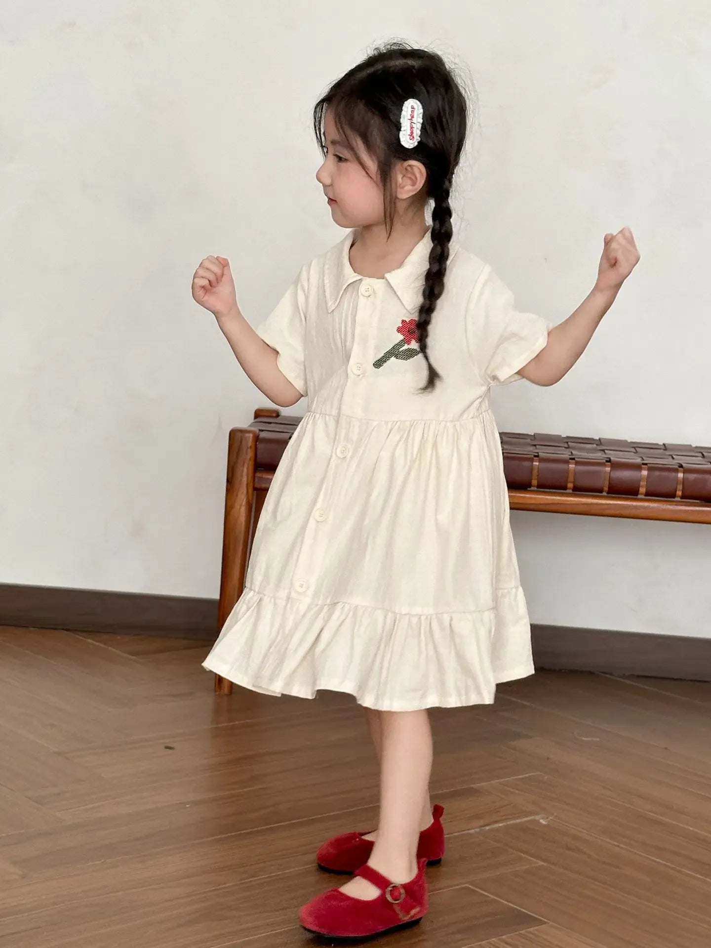 半袖セットアップ キッズワンピース/セットアップ 2点セット フラワー刺繍ワンポイント半袖ブワンピース/半袖シャツ+ショートパンツ リンクコーデ 兄弟姉妹 お揃いコーデ【mh0008875】