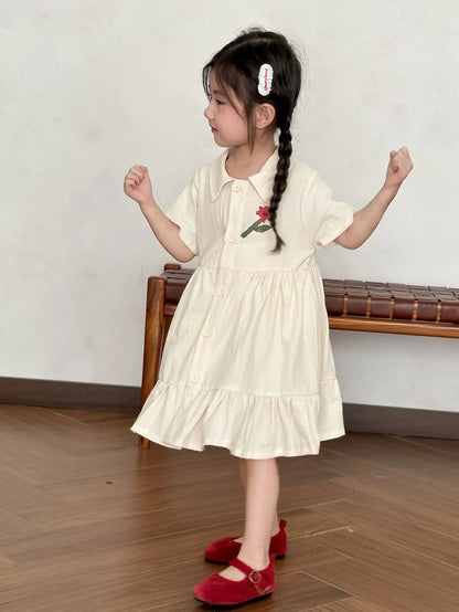 半袖セットアップ キッズワンピース/セットアップ 2点セット フラワー刺繍ワンポイント半袖ブワンピース/半袖シャツ+ショートパンツ リンクコーデ 兄弟姉妹 お揃いコーデ【mh0008875】