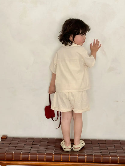 半袖セットアップ キッズワンピース/セットアップ 2点セット フラワー刺繍ワンポイント半袖ブワンピース/半袖シャツ+ショートパンツ リンクコーデ 兄弟姉妹 お揃いコーデ【mh0008875】