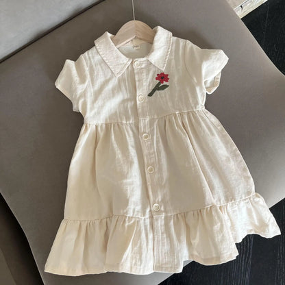 半袖セットアップ キッズワンピース/セットアップ 2点セット フラワー刺繍ワンポイント半袖ブワンピース/半袖シャツ+ショートパンツ リンクコーデ 兄弟姉妹 お揃いコーデ【mh0008875】