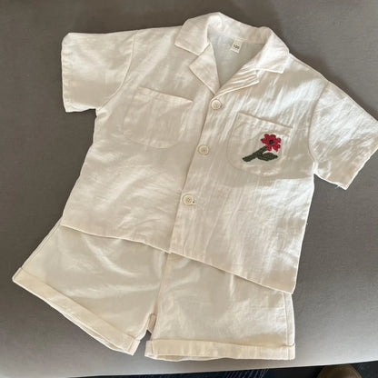 半袖セットアップ キッズワンピース/セットアップ 2点セット フラワー刺繍ワンポイント半袖ブワンピース/半袖シャツ+ショートパンツ リンクコーデ 兄弟姉妹 お揃いコーデ【mh0008875】