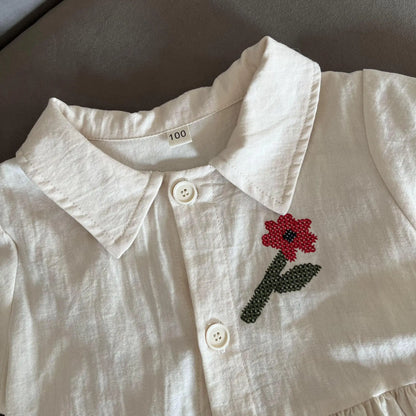 半袖セットアップ キッズワンピース/セットアップ 2点セット フラワー刺繍ワンポイント半袖ブワンピース/半袖シャツ+ショートパンツ リンクコーデ 兄弟姉妹 お揃いコーデ【mh0008875】