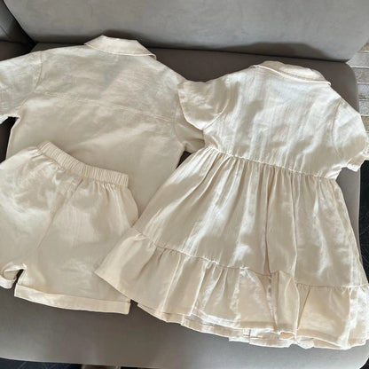 半袖セットアップ キッズワンピース/セットアップ 2点セット フラワー刺繍ワンポイント半袖ブワンピース/半袖シャツ+ショートパンツ リンクコーデ 兄弟姉妹 お揃いコーデ【mh0008875】