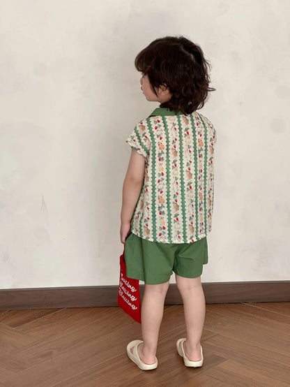 半袖セットアップ キッズワンピース/セットアップ 2点セット うさぎいちごプリントキャミソールワンピース/半袖シャツ+ショートパンツ リンクコーデ 兄弟姉妹 お揃いコーデ【mh0008876】