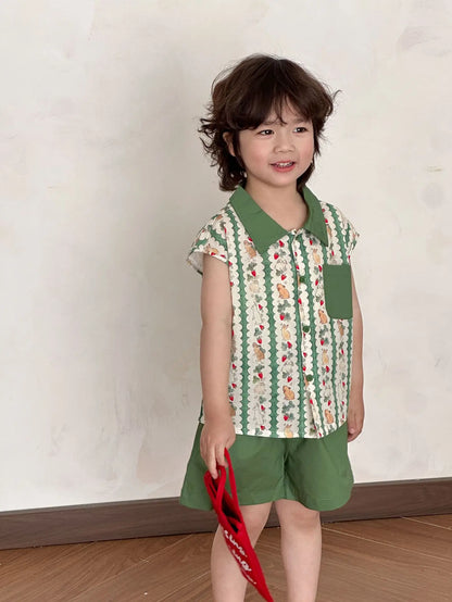 半袖セットアップ キッズワンピース/セットアップ 2点セット うさぎいちごプリントキャミソールワンピース/半袖シャツ+ショートパンツ リンクコーデ 兄弟姉妹 お揃いコーデ【mh0008876】