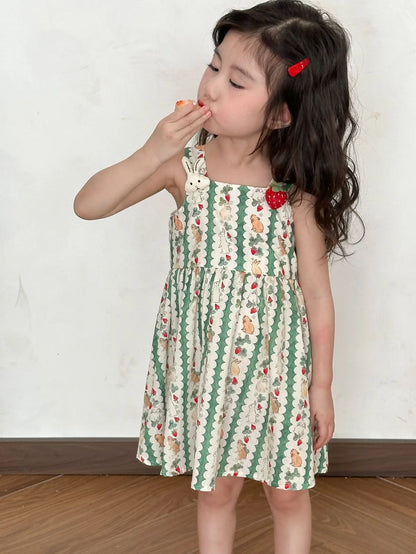 半袖セットアップ キッズワンピース/セットアップ 2点セット うさぎいちごプリントキャミソールワンピース/半袖シャツ+ショートパンツ リンクコーデ 兄弟姉妹 お揃いコーデ【mh0008876】