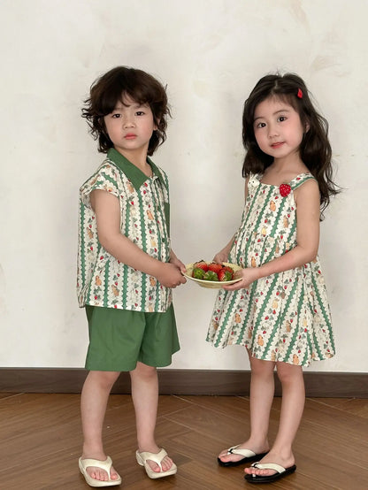 半袖セットアップ キッズワンピース/セットアップ 2点セット うさぎいちごプリントキャミソールワンピース/半袖シャツ+ショートパンツ リンクコーデ 兄弟姉妹 お揃いコーデ【mh0008876】