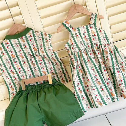 半袖セットアップ キッズワンピース/セットアップ 2点セット うさぎいちごプリントキャミソールワンピース/半袖シャツ+ショートパンツ リンクコーデ 兄弟姉妹 お揃いコーデ【mh0008876】