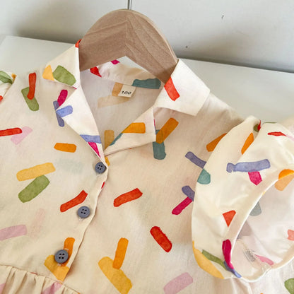 半袖セットアップ キッズワンピース/セットアップ 2点セット カラフル幾何学プリント柄半袖シャツワンピース/半袖シャツ+ショートパンツ リンクコーデ 兄弟姉妹 お揃いコーデ【mh0008877】