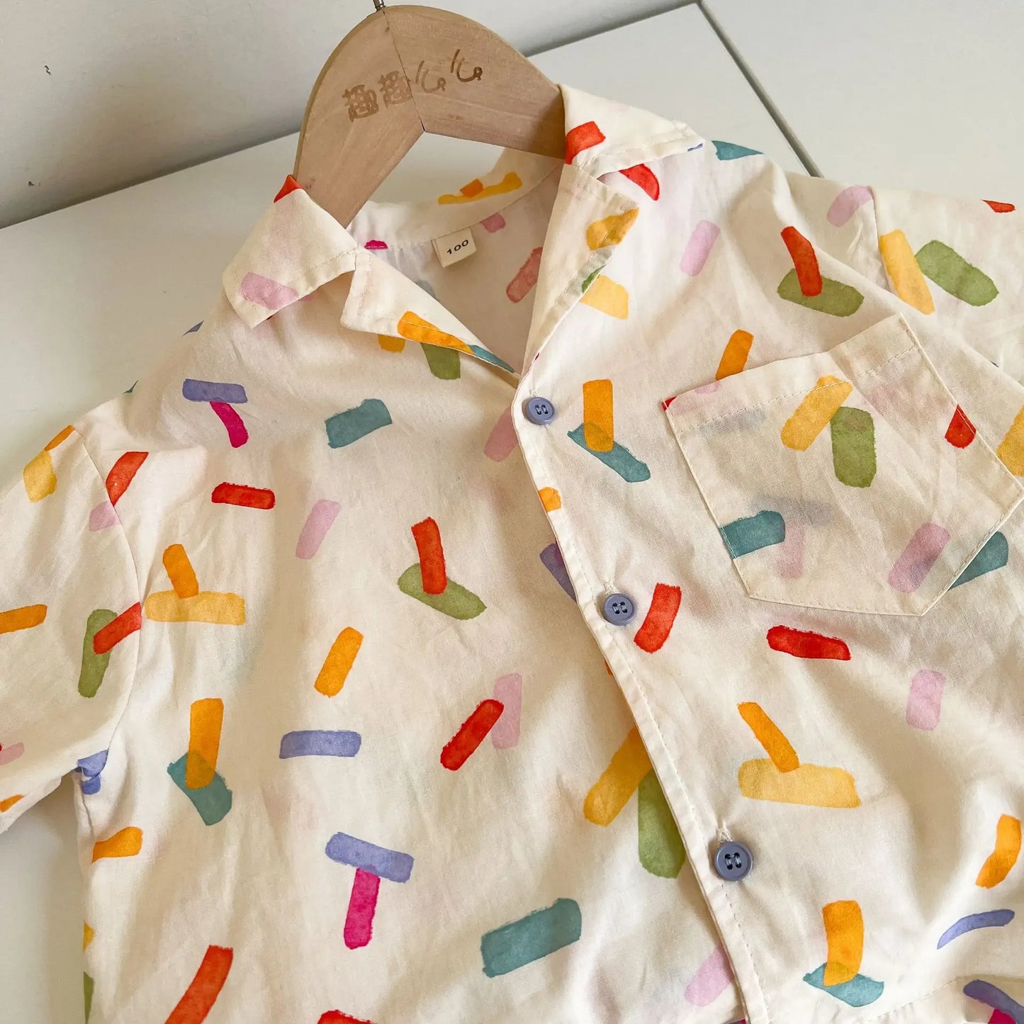 半袖セットアップ キッズワンピース/セットアップ 2点セット カラフル幾何学プリント柄半袖シャツワンピース/半袖シャツ+ショートパンツ リンクコーデ 兄弟姉妹 お揃いコーデ【mh0008877】