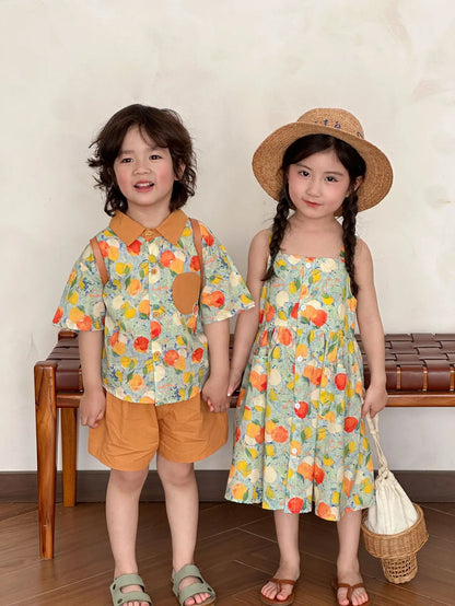 半袖セットアップ キッズワンピース/セットアップ 2点セット フルーツプリントキャミソールワンピース/半袖シャツ+ショートパンツ リンクコーデ 兄弟姉妹 お揃いコーデ【mh0008878】
