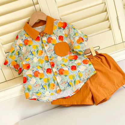 半袖セットアップ キッズワンピース/セットアップ 2点セット フルーツプリントキャミソールワンピース/半袖シャツ+ショートパンツ リンクコーデ 兄弟姉妹 お揃いコーデ【mh0008878】