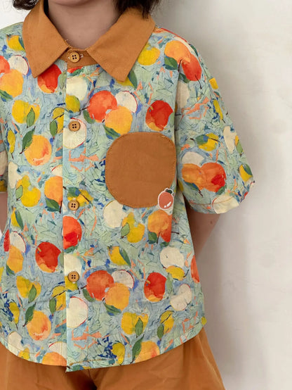 半袖セットアップ キッズワンピース/セットアップ 2点セット フルーツプリントキャミソールワンピース/半袖シャツ+ショートパンツ リンクコーデ 兄弟姉妹 お揃いコーデ【mh0008878】