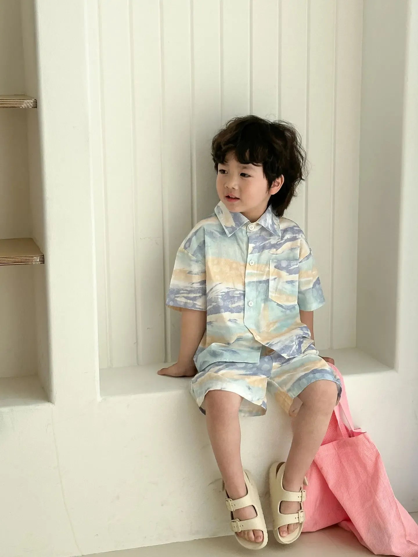 半袖セットアップ キッズワンピース/セットアップ 2点セット カラフルプリントノースリーブワンピース/半袖シャツ+ショートパンツ リンクコーデ 兄弟姉妹 お揃いコーデ【mh0008879】