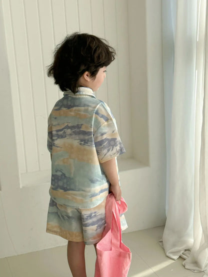 半袖セットアップ キッズワンピース/セットアップ 2点セット カラフルプリントノースリーブワンピース/半袖シャツ+ショートパンツ リンクコーデ 兄弟姉妹 お揃いコーデ【mh0008879】