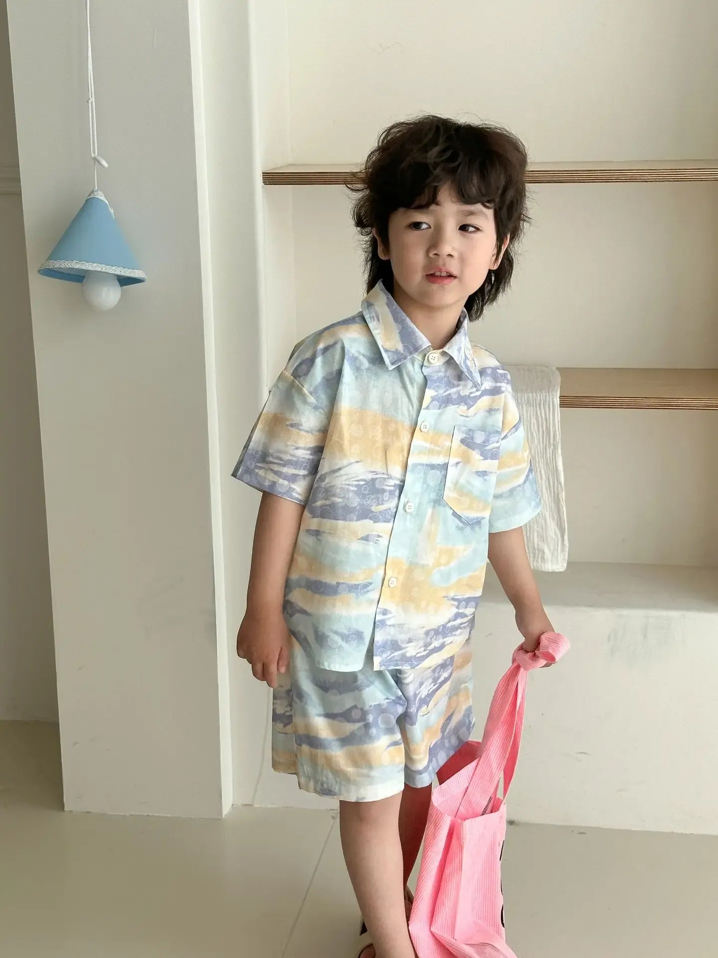 半袖セットアップ キッズワンピース/セットアップ 2点セット カラフルプリントノースリーブワンピース/半袖シャツ+ショートパンツ リンクコーデ 兄弟姉妹 お揃いコーデ【mh0008879】