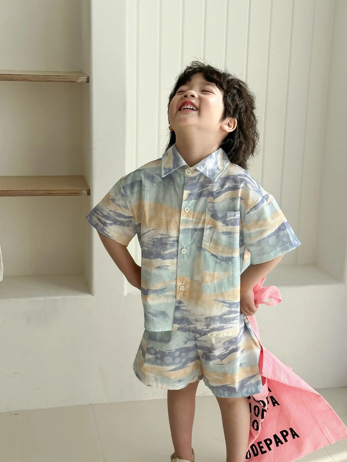 半袖セットアップ キッズワンピース/セットアップ 2点セット カラフルプリントノースリーブワンピース/半袖シャツ+ショートパンツ リンクコーデ 兄弟姉妹 お揃いコーデ【mh0008879】