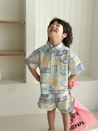 半袖セットアップ キッズワンピース/セットアップ 2点セット カラフルプリントノースリーブワンピース/半袖シャツ+ショートパンツ リンクコーデ 兄弟姉妹 お揃いコーデ【mh0008879】