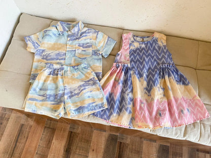 半袖セットアップ キッズワンピース/セットアップ 2点セット カラフルプリントノースリーブワンピース/半袖シャツ+ショートパンツ リンクコーデ 兄弟姉妹 お揃いコーデ【mh0008879】