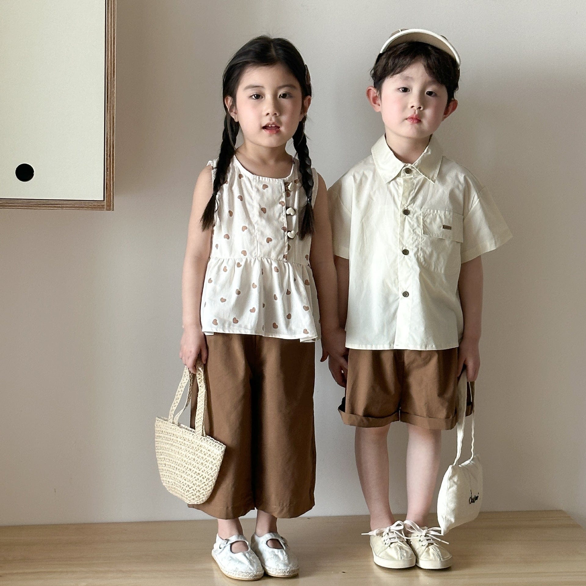 半袖セットアップ ハートプリントガールズノースリーブブラウス+ロングパンツ/ボーイズ半袖シャツ+ショートパンツ セットアップ 2点セット【mh0009831】