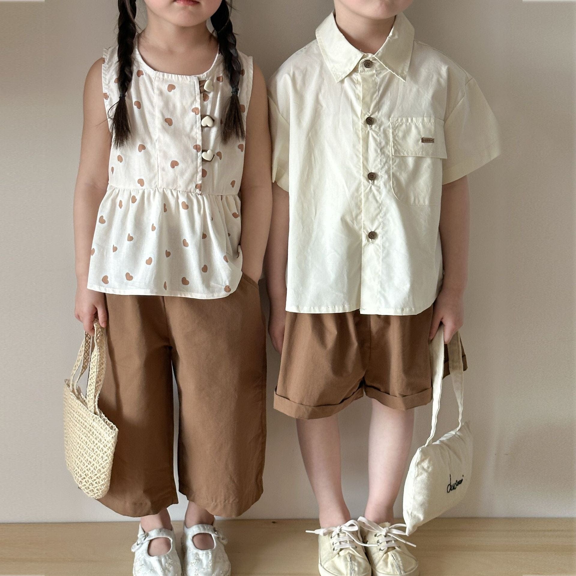 半袖セットアップ ハートプリントガールズノースリーブブラウス+ロングパンツ/ボーイズ半袖シャツ+ショートパンツ セットアップ 2点セット【mh0009831】