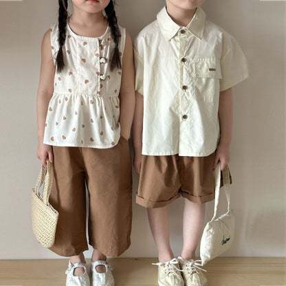 半袖セットアップ ハートプリントガールズノースリーブブラウス+ロングパンツ/ボーイズ半袖シャツ+ショートパンツ セットアップ 2点セット【mh0009831】