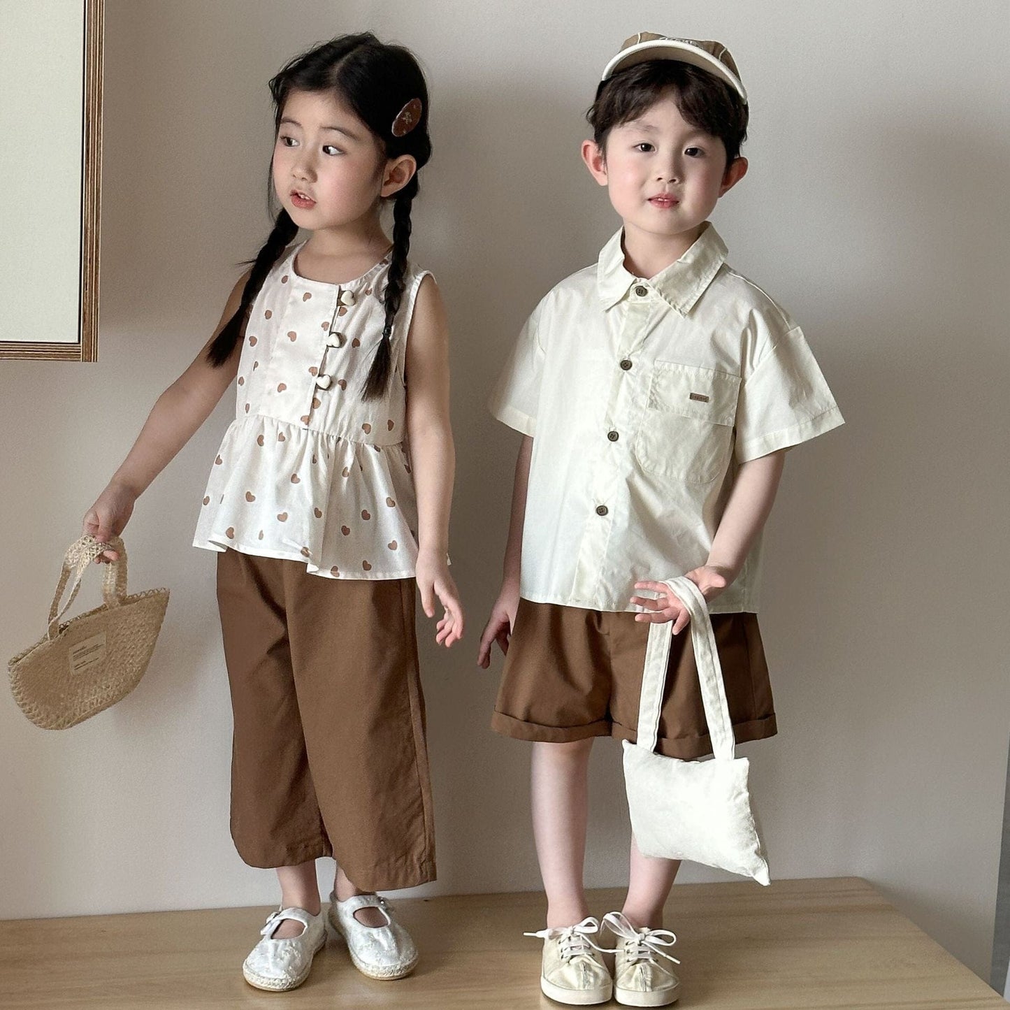 半袖セットアップ ハートプリントガールズノースリーブブラウス+ロングパンツ/ボーイズ半袖シャツ+ショートパンツ セットアップ 2点セット【mh0009831】