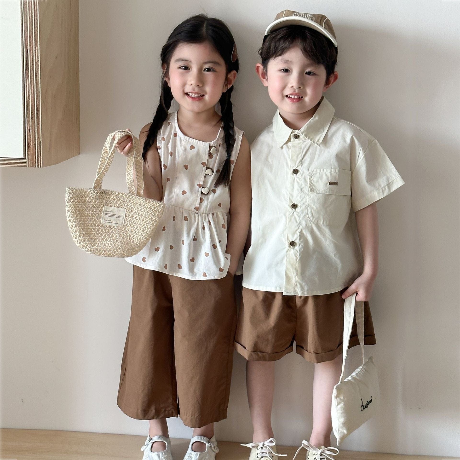 半袖セットアップ ハートプリントガールズノースリーブブラウス+ロングパンツ/ボーイズ半袖シャツ+ショートパンツ セットアップ 2点セット【mh0009831】