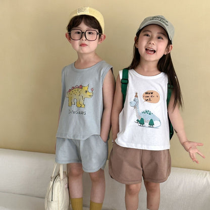 ノースリーブセットアップ 恐竜ダイナソープリントタンクトップ+ショートパンツセットアップ 2点セット【mh0009835】