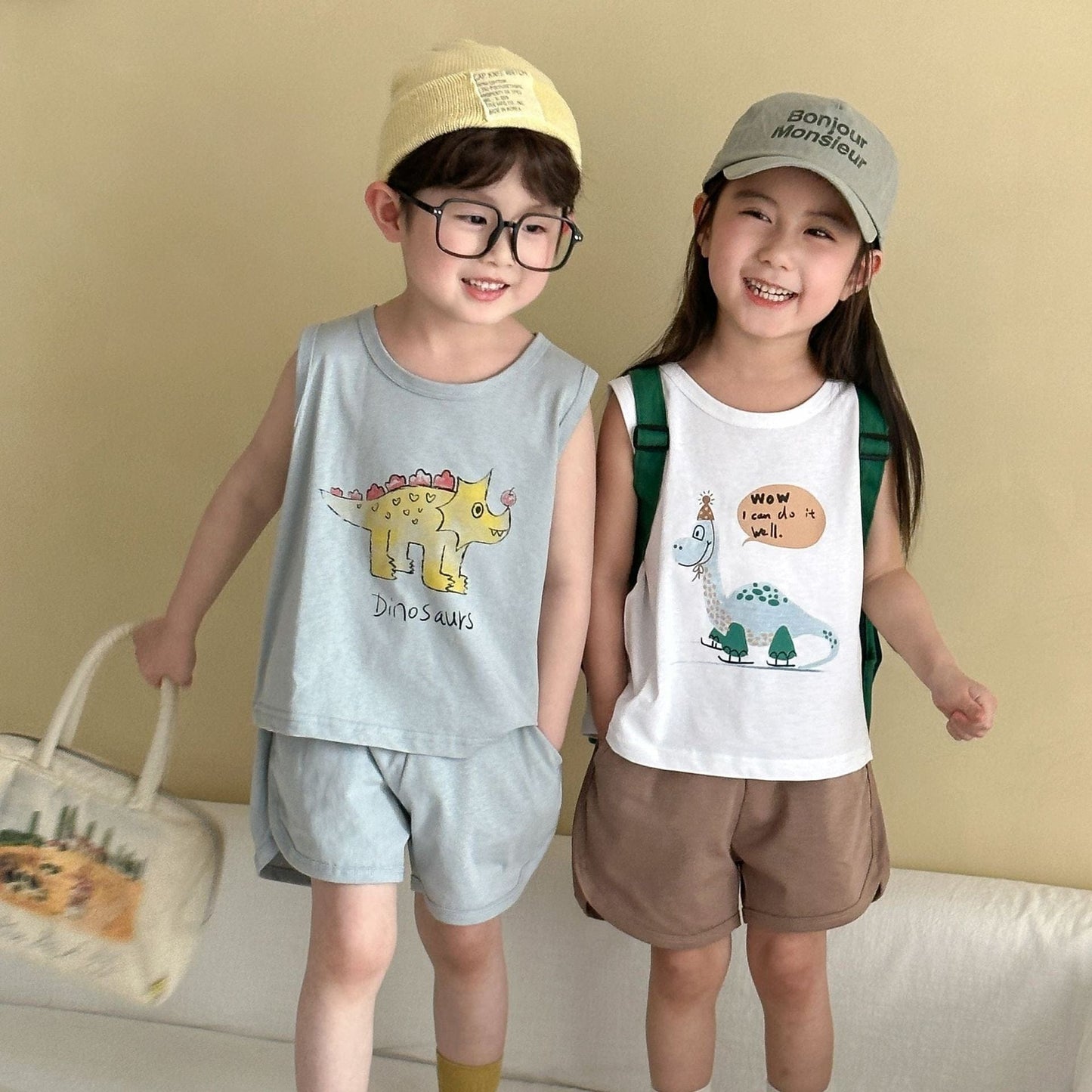 ノースリーブセットアップ 恐竜ダイナソープリントタンクトップ+ショートパンツセットアップ 2点セット【mh0009835】