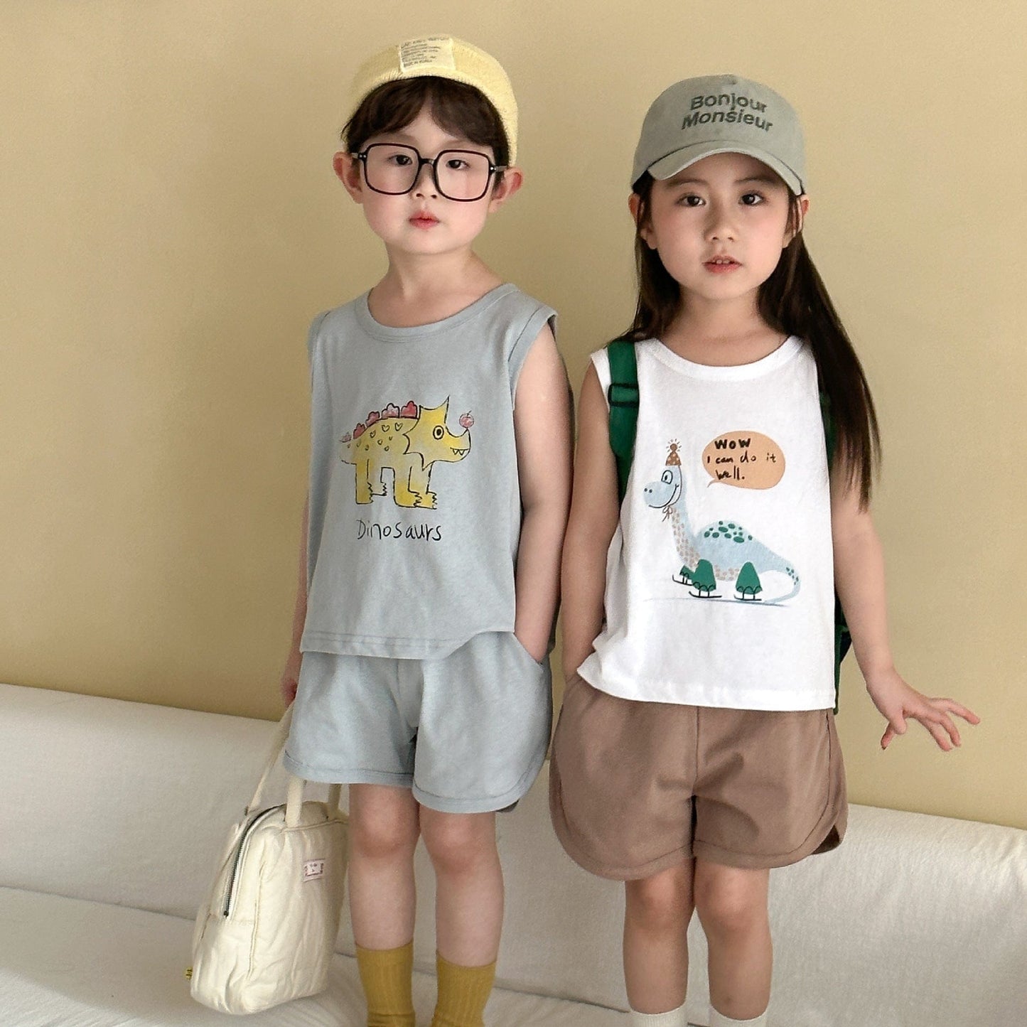 ノースリーブセットアップ 恐竜ダイナソープリントタンクトップ+ショートパンツセットアップ 2点セット【mh0009835】