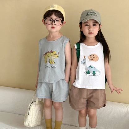 ノースリーブセットアップ 恐竜ダイナソープリントタンクトップ+ショートパンツセットアップ 2点セット【mh0009835】