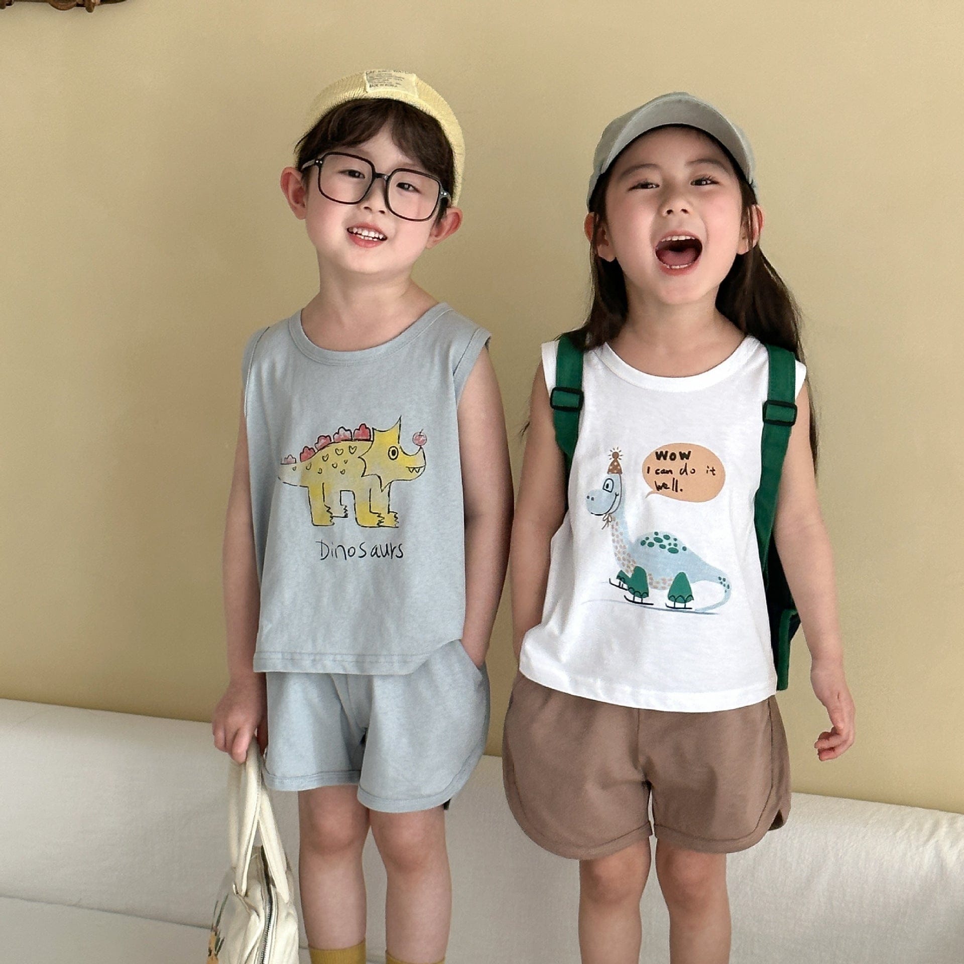 ノースリーブセットアップ 恐竜ダイナソープリントタンクトップ+ショートパンツセットアップ 2点セット【mh0009835】