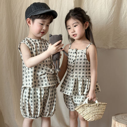 ノースリーブセットアップ ドットプリントセットアップ 2点セット ガールズ/ボーイズトップス+パンツセット【mh0009841】